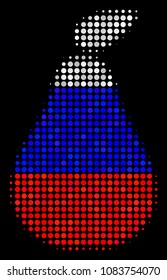 Halftone Pear pictogram colored in Russia state flag colors on a dark background. Vector mosaic of pear icon organized from circle pixels. Designed for political and Russian patriotic purposes.