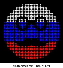 Halftone Pension Smiley icon colored in Russian state flag colors on a dark background. Vector collage of pension smiley icon designed of circle spots.