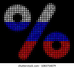 Halftone Percent pictogram colored in Russia official flag colors on a dark background. Vector pattern of percent icon created with circle elements.