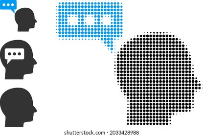 Halftone personal opinion. Dotted personal opinion made with small round dots. Vector illustration of personal opinion icon on a white background. Halftone array contains round pixels.