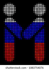 Halftone Persons Handshake pictogram colored in Russian state flag colors on a dark background. Vector mosaic of persons handshake icon made from spheric elements.