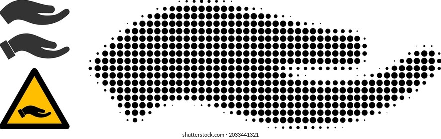 Halftone petition hand. Dotted petition hand constructed with small circle elements. Vector illustration of petition hand icon on a white background. Halftone array contains circle elements.