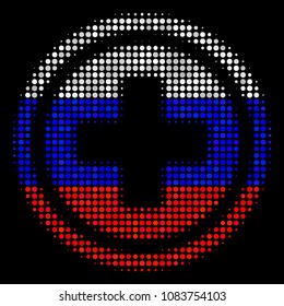 Halftone Pharmacy icon colored in Russian state flag colors on a dark background. Vector mosaic of pharmacy icon combined of round blots. Designed for political and Russian patriotic doctrines.