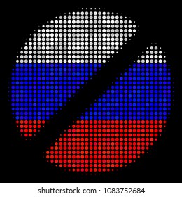 Halftone Pharmacy Tablet pictogram colored in Russia state flag colors on a dark background. Vector mosaic of pharmacy tablet icon composed of circle dots.