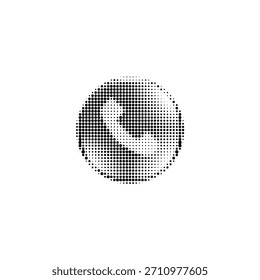 Halftone phone icon with circular shape. Retro dotted communication symbol in black and white. Minimalist vintage call sign for tech, UI, contact, or communication design.