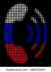 Halftone Phone Ring icon colored in Russian official flag colors on a dark background. Vector mosaic of phone ring icon combined of circle spots.