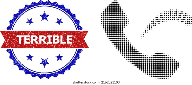 Halftone phone virus icon, and bicolor dirty Terrible seal. Halftone phone virus icon is generated with small round elements. Vector seal with corroded bicolored style,