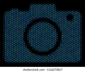 Halftone Photo camera collage icon of circle bubbles in blue color tones on a black background. Vector bubble spheres are grouped into photo camera collage.
