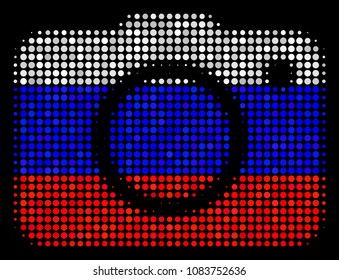 Halftone Photo Camera icon colored in Russian official flag colors on a dark background. Vector mosaic of photo camera icon designed from round spots.
