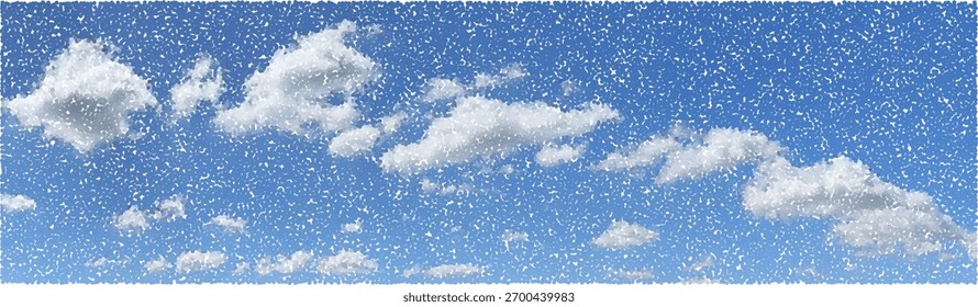 Nuvens de fotocópia de meio-tom. Céu com efeito pontilhado e granulado. Textura de ponto de pop art retrô