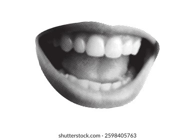 A halftone photograph of a woman's gorgeous, full lips from a magazine clipping. open mouth, emotions
