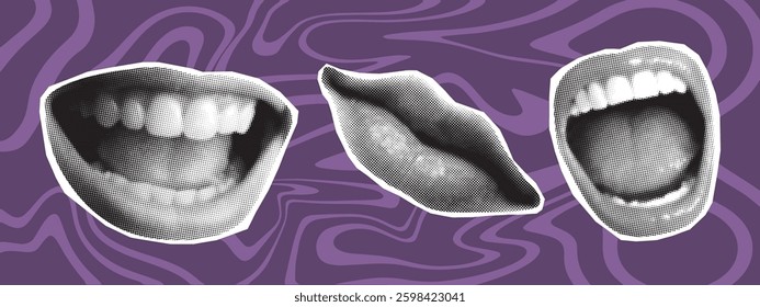A halftone photograph of a woman's gorgeous, full lips from a magazine clipping. open mouth
