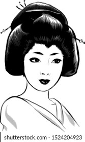 Halftone picture. Young Japanese woman in a geisha costume. Charmingly cute face degeneration. Dark hair and eyes, a neat little mouth. White skin, beautiful traditional hairstyle. Vector