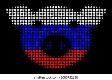 Halftone Pig Head pictogram colored in Russia state flag colors on a dark background. Vector concept of pig head icon formed of circle spots. Designed for political and Russian patriotic agitation.