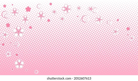 Halftone Pink Background With Flowers In Manga And Comic Style. Cute Kawaii Background For Girls. Vector Illustration.
