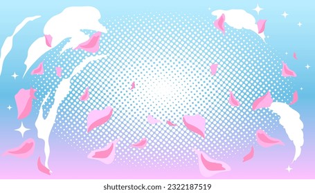 Halftone pink blue background with flowers in manga and comic style. Cute kawaii background for girls. Vector illustration.