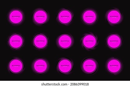 Halftone pink dots in circle form. Set of Round logos. Design element for frame, logo, tattoo, web pages, prints, posters, template.