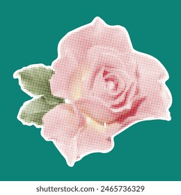 Halftone pink rose collage element in y2k style, vintage punk, silhouette dots rose. Vector illustration