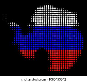 Halftone Pixel Antarctica map. Vector geographic map in Russian official flag colors on a dark background. Stylized pattern of Antarctica map composed of round items.