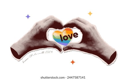 Halftone pixel art illustration of two hands making a heart shape with the word love on it. Collage banner for Pride month celebration. Rainbow heart shape. Vintage Vector illustration.