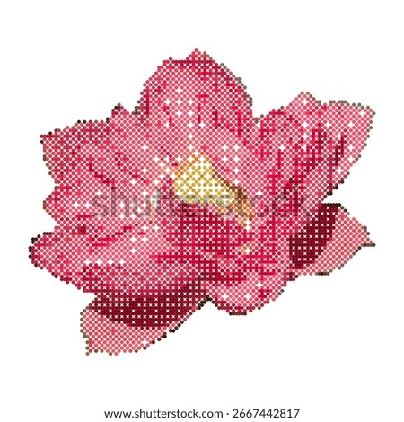 Halftone pixel art lotus flower illustration. Abstract dotted floral design isolated on transparent background. Pixelated bitmap gradient texture water lily. Vector illustration