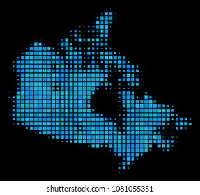 Halftone Pixel Canada Map. Vector geographic map in blue color tinges on a black background. Vector pattern of Canada Map constructed of rectangle items. Stylized halftone illustration for templates.