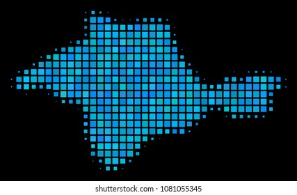 Halftone Pixel Crimea Map. Vector geographic map in blue color shades on a black background. Vector concept of Crimea Map made of rectangle items. Stylized halftone illustration for templates.