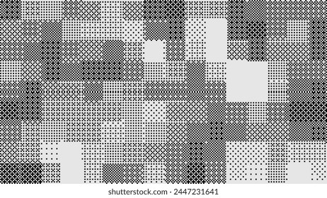 Halftone Pixel Dithering Square Tiles Pattern. Vintage 1-bit Game Background. Vector Illustration. Pixel Halftone Bitmap Raster Effect. Random Tiles Generative Art.