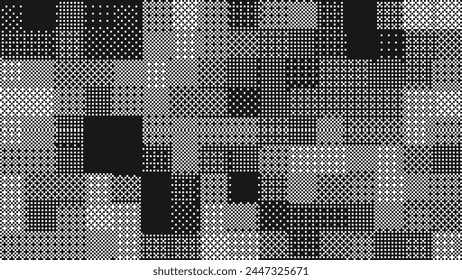 Halftone Pixel Dithering Square Tiles Pattern. Vintage 1-bit Game Background. Vector Illustration. Pixel Halftone Bitmap Raster Effect. Random Tiles Generative Art.