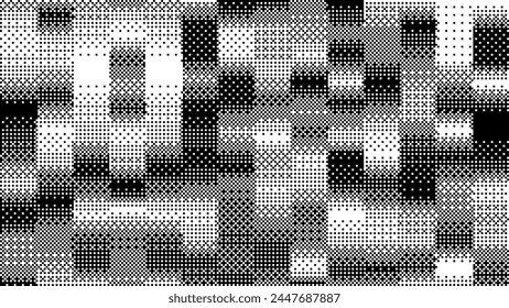 Halftone Pixel Dithering Square Tiles Pattern. Vintage 1-bit Game Background. Vector Illustration. Pixel Halftone Bitmap Raster Effect. Random Tiles Generative Art.
