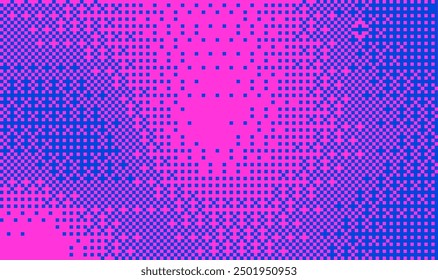 Halftone Pixel Dithering Square Tiles Pattern. Vintage 8-bit Game Background. Neon Pixel Halftone Bitmap Raster Effect. Random Tiles Art. Vector Illustration