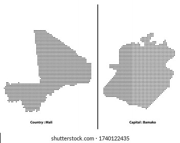 Halftone pixel dotted map of Mali and its capital Bamako - vector illustration art