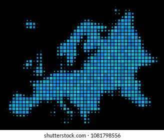 Halftone Pixel Europe Map. Vector geographic map in blue color variations on a black background. Vector collage of Europe Map done of square items. Stylized halftone illustration for templates.