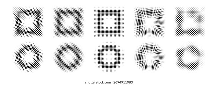 Halftone pixel frames set. Dotted textured round and square borders. Cartoon faded boarders collection. Vector comic bundle gradient shapes. Raster bitmap element pack for poster, collage, banner. 