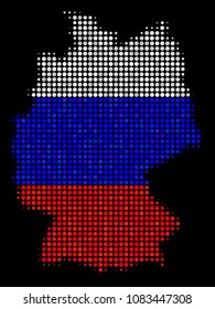 Halftone Pixel Germany map. Vector geographical map in Russian state flag colors on a dark background. Stylized collage of Germany map organized of spheric dots.