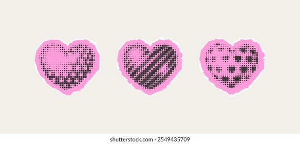 Halftone pixel hearts on torn pink paper. Vector retro Y2K elements, sticker for Valentine's Day design, collage design. Set of fashionable graphic elements.