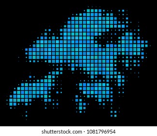 Halftone Pixel Hong Kong Map. Vector geographic map in blue color tints on a black background. Vector pattern of Hong Kong Map designed of square items. Stylized halftone illustration for templates.