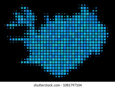 Halftone Pixel Iceland Map. Vector geographical map in blue color hues on a black background. Vector mosaic of Iceland Map created of square items. Stylized halftone illustration for templates.