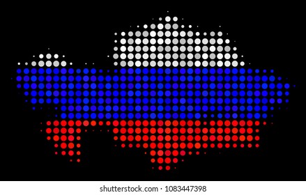 Halftone Pixel Kazakhstan map. Vector geographic map in Russia state flag colors on a dark background. Stylized collage of Kazakhstan map constructed of spheric pixels.