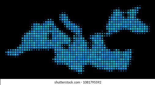 Halftone Pixel Mediterranean Sea Map. Vector geographic map in blue color variations on a black background. Vector collage of Mediterranean Sea Map composed of rectangle elements.