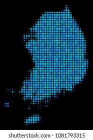 Halftone Pixel South Korea Map. Vector geographical map in blue color shades on a black background. Vector concept of South Korea Map done of square dots. Stylized halftone illustration for templates.