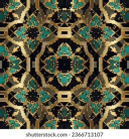Halftone pixel squares floral mosaic seamless pattern. Half tone textured squares luxury vector background. Modern digital colorful mosaic flowers ornaments. Endless texture. Repeat trendy backdrop.