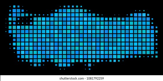 Halftone Pixel Turkey Map. Vector geographic map in blue color tinges on a black background. Vector pattern of Turkey Map done of square elements. Stylized halftone illustration for templates.