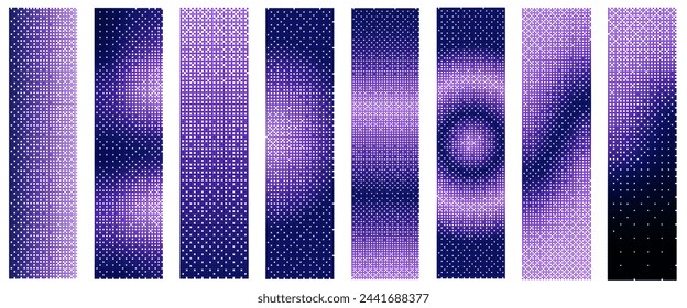 Halftone Pixelated bitmap gradient texture. Dither pattern Purple background. Abstract glitchy pattern. Game, pop, techno cover. Vector illustration