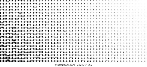 Halftone pixelated gradient background. Faded square particles texture. Dissolving grunge noise wallpaper. Black dots, speckles, pixels wallpaper. Gritty vector backdrop