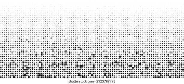 Halftone pixelated gradient background. Faded square particles texture. Dissolving grunge noise wallpaper. Black dots, speckles, pixels wallpaper. Horizontal gritty vector backdrop