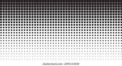 Halftone pixelated gradient background. Faded square particles texture. Dissolving grunge noise wallpaper. Black dots, speckles, pixels, specks wallpaper. Horizontal gritty vector