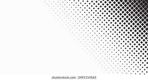 Halftone pixelated gradient background. Faded square particles texture. Dissolving grunge noise wallpaper. Black dots, speckles, pixels, specks wallpaper. Horizontal gritty vector