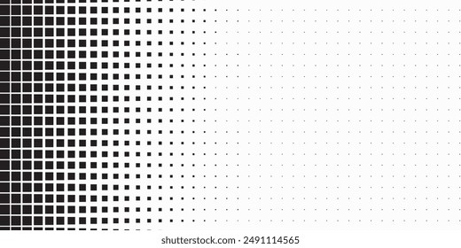 Halftone pixelated gradient background. Faded square particles texture. Dissolving grunge noise wallpaper. Black dots, speckles, pixels, specks wallpaper. Horizontal gritty vector