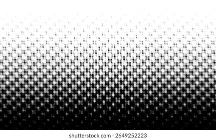 Fondo de degradado pixelado de semitono. Textura de partículas cuadradas descoloridas. Disolviendo el Fondo de pantalla grunge. Fondo de Vector de semitono Horizontal